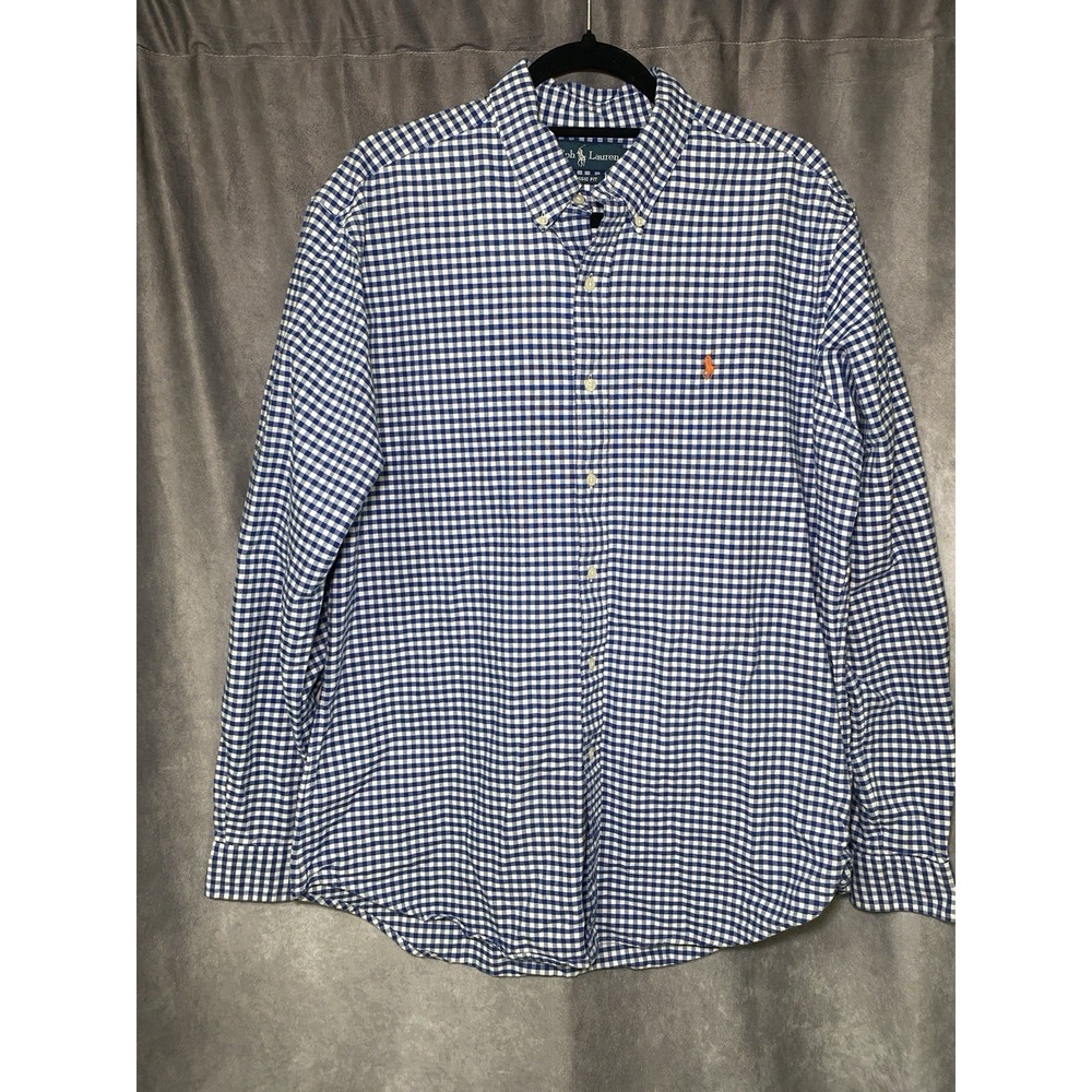Ralph Lauren Classic Fit Men Long Sleeve Button Up Check Gingham Shirt Blue Sz L